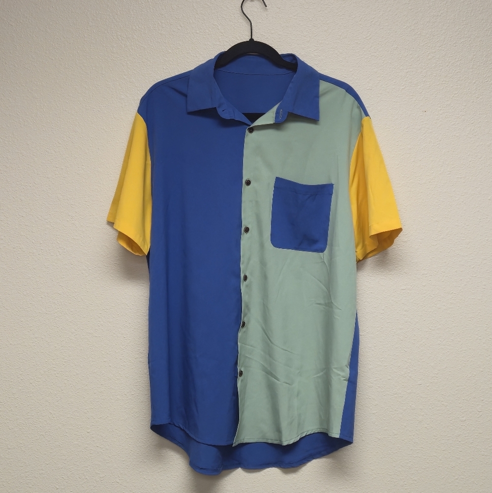 SHEIN Blue, Green, and Yellow Colorblock Button Down Bowling Shirt